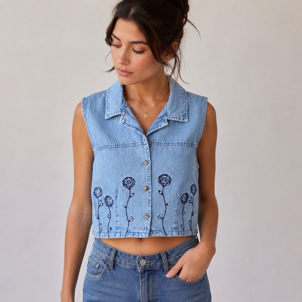 Vintage 90s Bobbie Brooks Floral Embroidered Denim Crop Vest Butter Mom Small